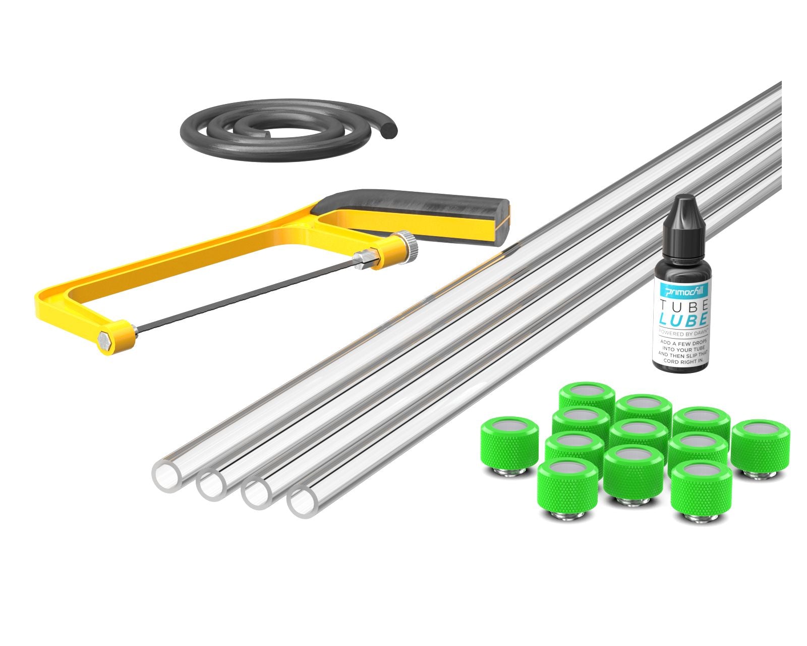 PrimoChill (Professional Kit) 4x 14mm Acrylic/PMMA Tubes, 12x Metrix SX Fitting, Bending Cord and Cutting Tool - UV Green