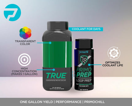 PrimoChill True - Computer WaterCooling Coolant, Concentrate, Low-Conductive, Transparent, Full Protection, PrimoPrep Included, Proudly Made in the USA (Yields a Gallon of Coolant) - UV Green