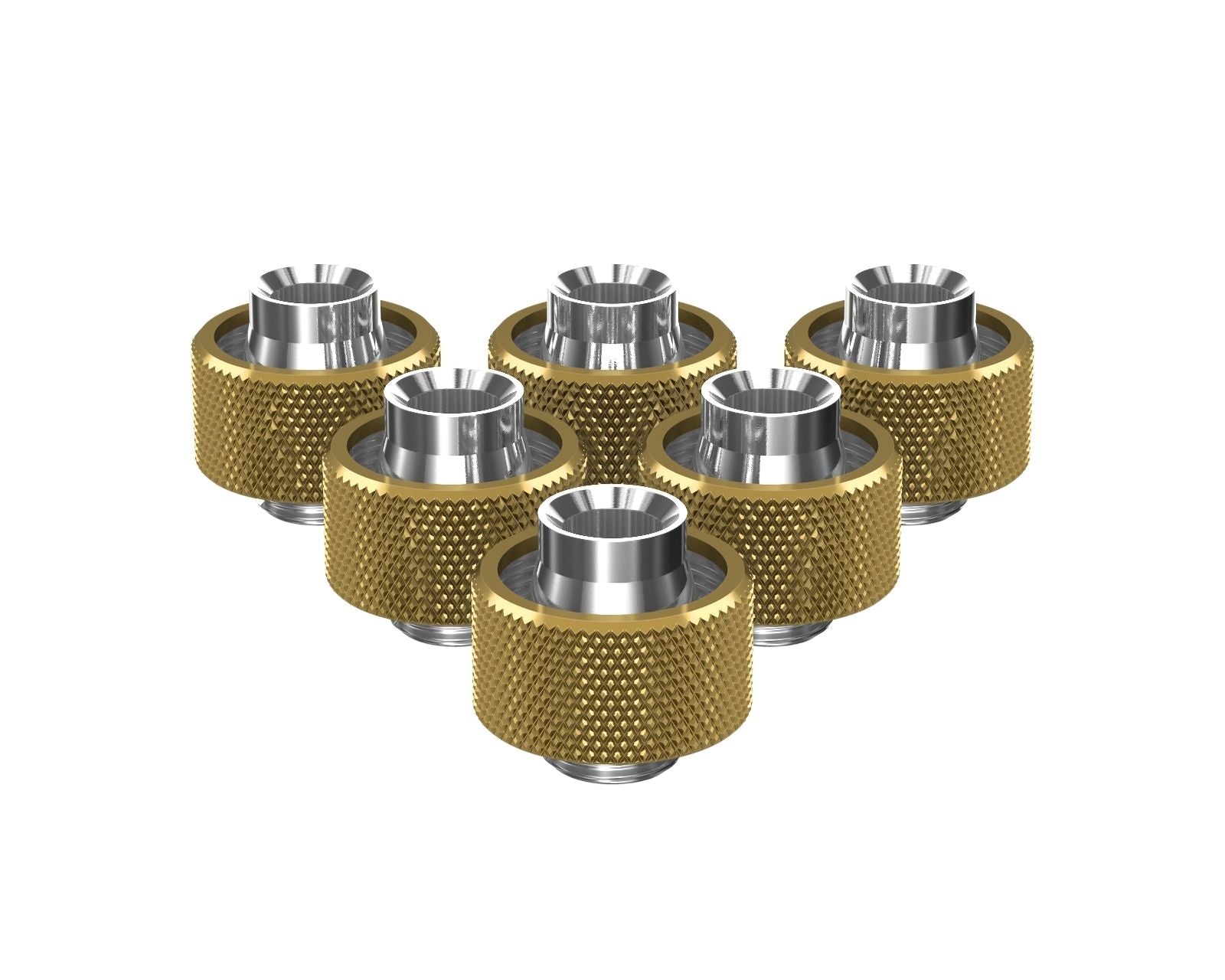 PrimoChill SecureFit SX - Premium Compression Fittings 6 Pack - For 1/2in ID x 3/4in OD Flexible Tubing (F-SFSX34-6) - Available in 20+ Colors, Custom Watercooling Loop Ready - Candy Gold