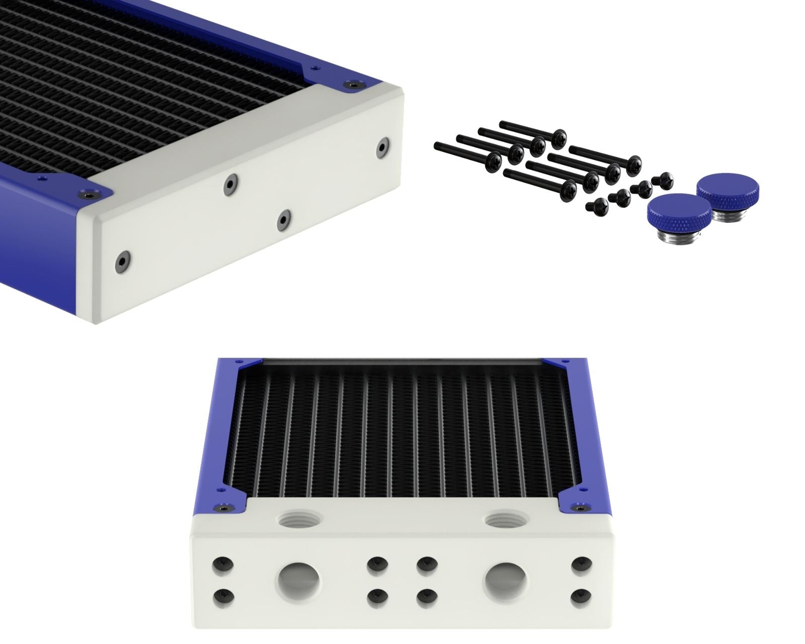 PrimoChill 240SL (30mm) EXIMO Modular Radiator, White POM, 2x120mm, Dual Fan (R-SL-W24) Available in 20+ Colors, Assembled in USA and Custom Watercooling Loop Ready - True Blue