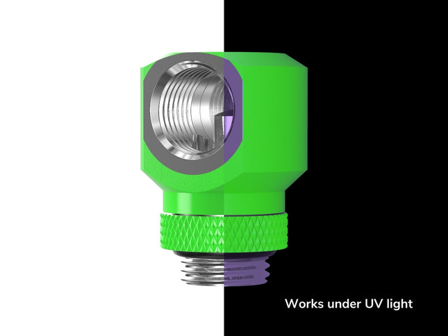 PrimoChill InterConnectSX Flat 90 Degree Rotary Fitting (FAF90) – Enhanced PC Cooling with Sleek Aesthetics - Available in 20+ Colors, Custom Watercooling Loop Ready - UV Green