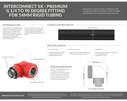 PrimoChill InterConnect SX Premium G1/4 to 90 Degree Adapter Fitting for 14MM Rigid Tubing (FA-G9014) - Razor Red