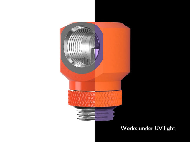 PrimoChill InterConnectSX Flat 90 Degree Rotary Fitting (FAF90) – Enhanced PC Cooling with Sleek Aesthetics - Available in 20+ Colors, Custom Watercooling Loop Ready - UV Orange
