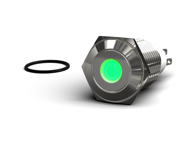 PrimoChill Silver Aluminum Momentary Vandal Switch - 16mm - Dot Illumination - Green LED - Green LED Dot