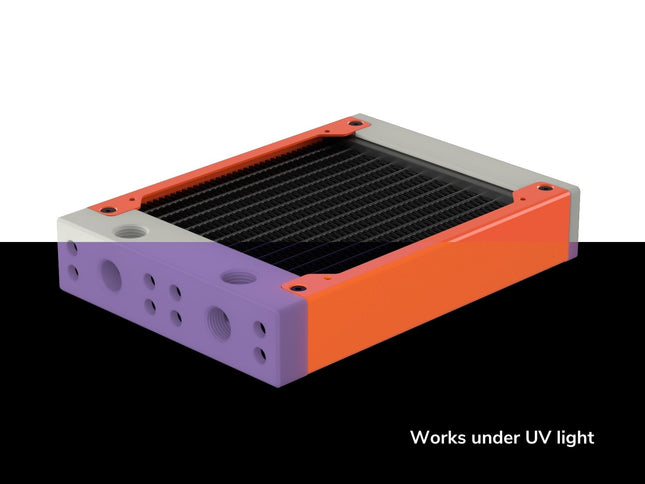 PrimoChill 120SL (30mm) EXIMO Modular Radiator, White POM, 1x120mm, Single Fan (R-SL-W12) Available in 20+ Colors, Assembled in USA and Custom Watercooling Loop Ready - UV Orange