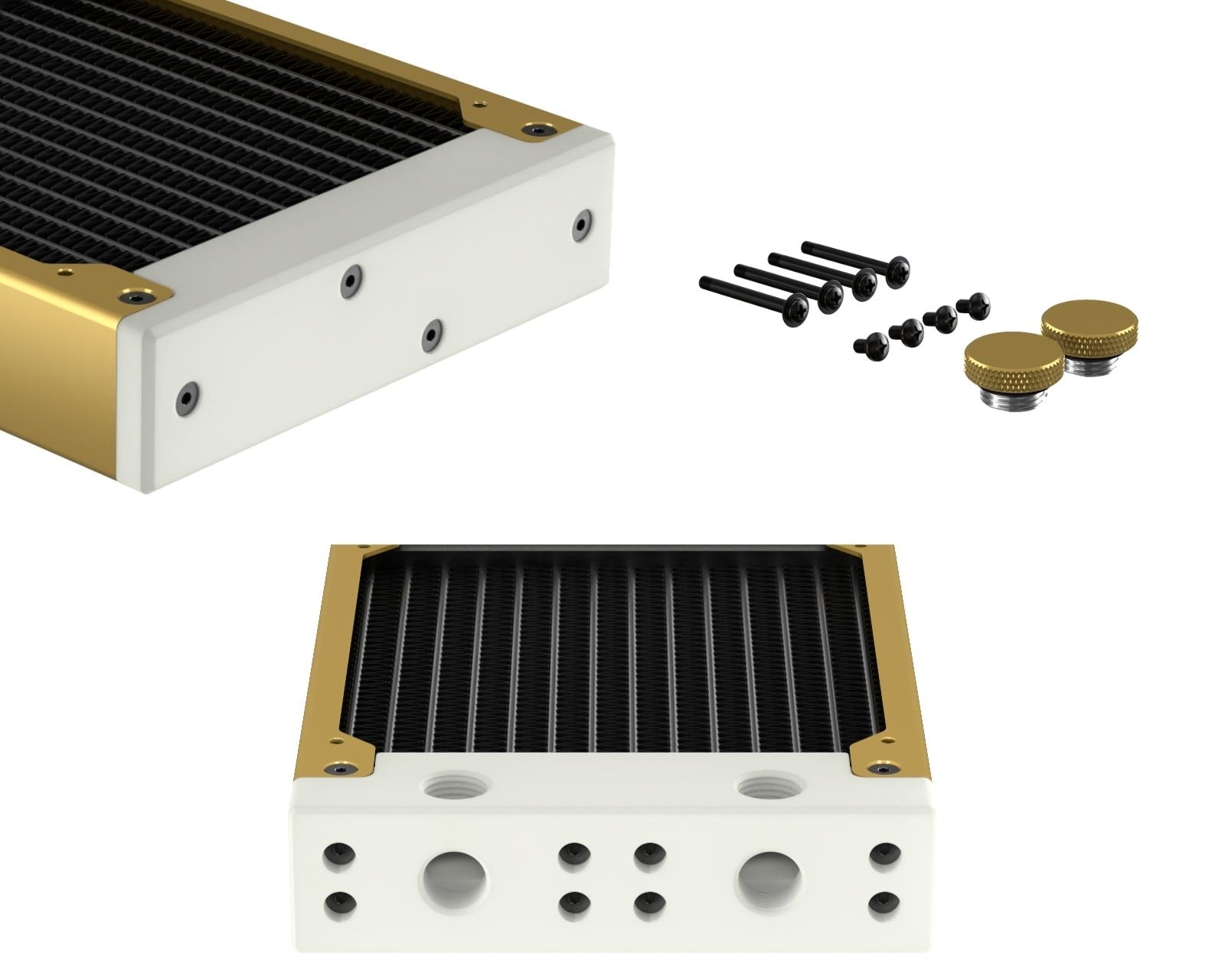 PrimoChill 120SL (30mm) EXIMO Modular Radiator, White POM, 1x120mm, Single Fan (R-SL-W12) Available in 20+ Colors, Assembled in USA and Custom Watercooling Loop Ready - Candy Gold