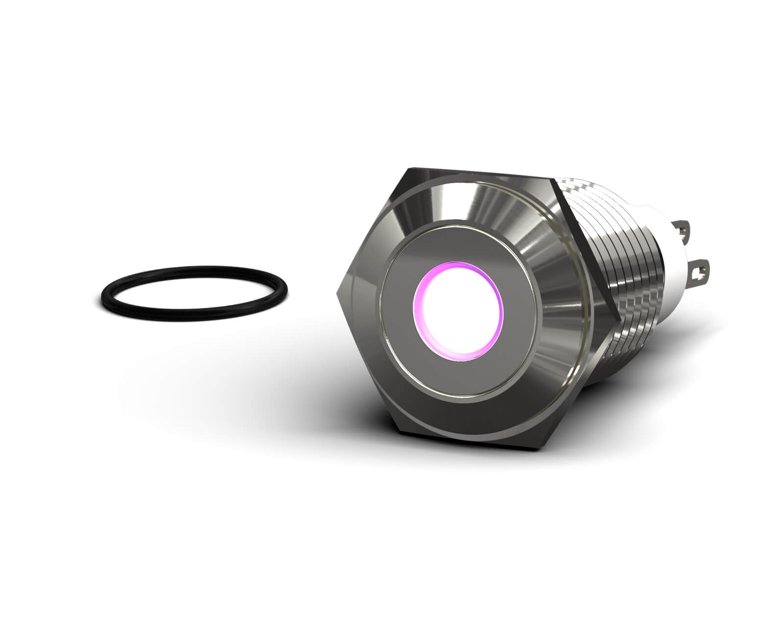 PrimoChill Silver Aluminum Latching Vandal Switch – 16mm – Dot Illumination - Purple LED - Purple LED Dot