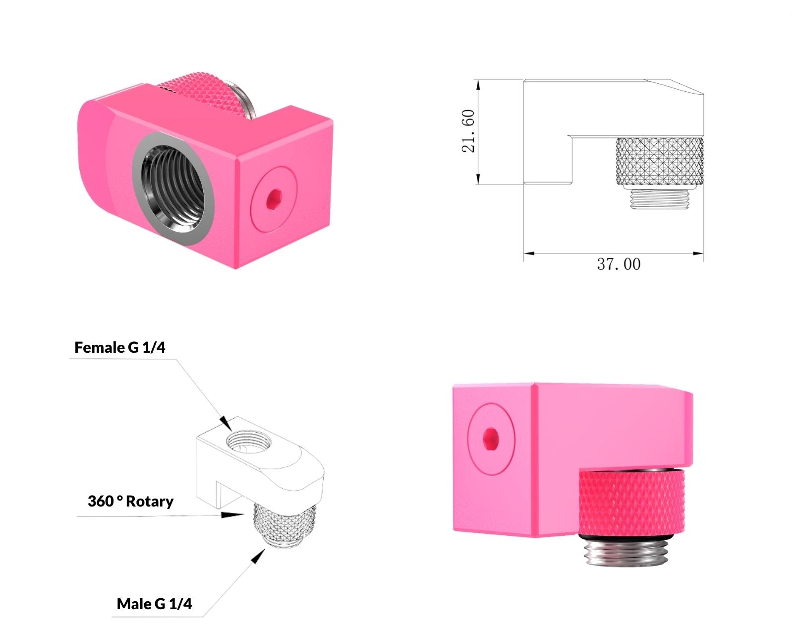 PrimoChill Male to Female G 1/4in. Supported Offset Rotary Fitting - UV Pink