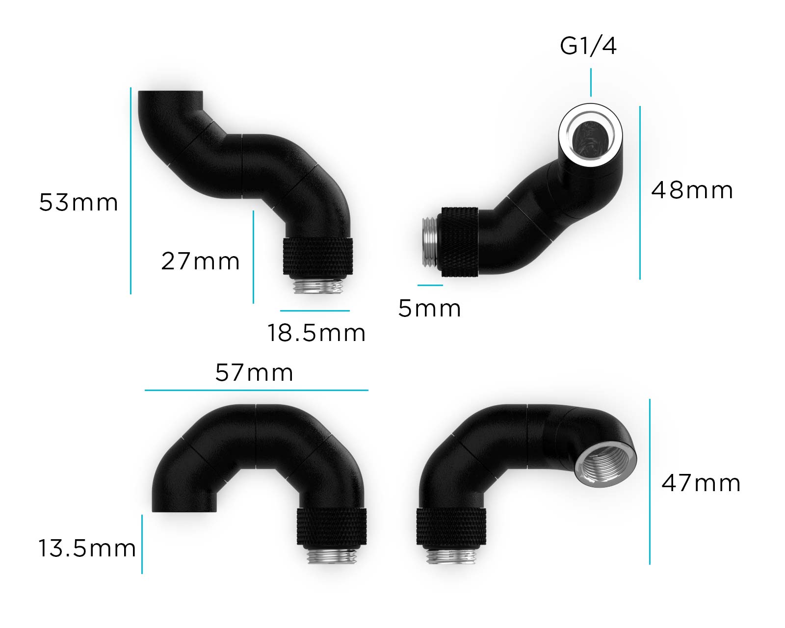 PrimoChill Male to Female G 1/4in. 180 Degree SX Triple Rotary Elbow Fitting - Satin Black