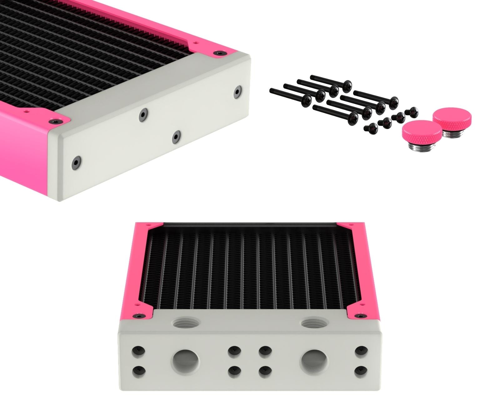 PrimoChill 240SL (30mm) EXIMO Modular Radiator, White POM, 2x120mm, Dual Fan (R-SL-W24) Available in 20+ Colors, Assembled in USA and Custom Watercooling Loop Ready - UV Pink