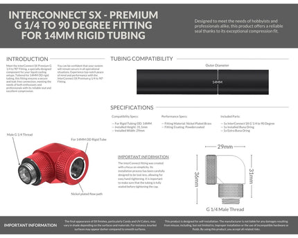 PrimoChill InterConnect SX Premium G1/4 to 90 Degree Adapter Fitting for 14MM Rigid Tubing (FA-G9014) - Candy Red