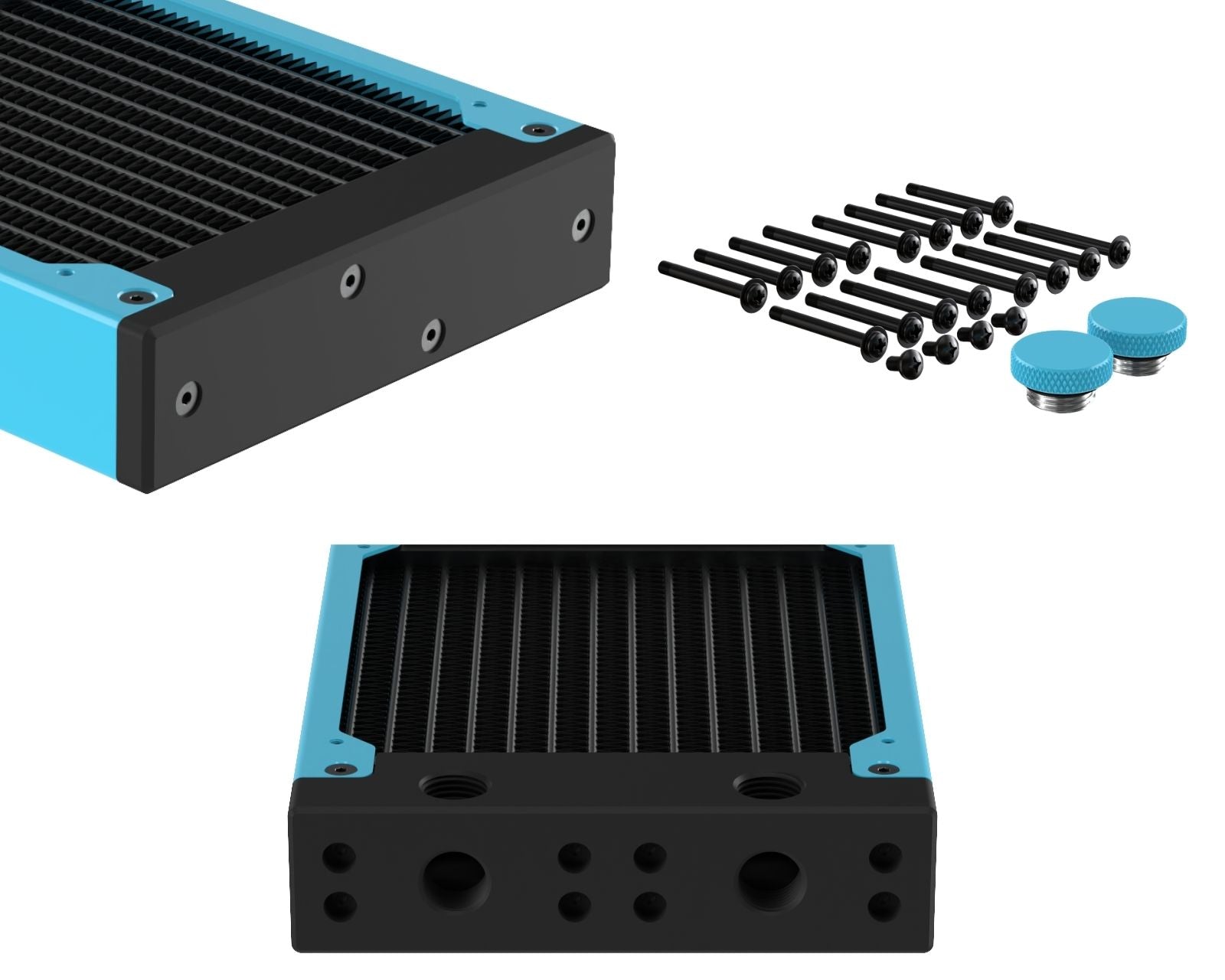 PrimoChill 480SL (30mm) EXIMO Modular Radiator, Black POM, 4x120mm, Quad Fan (R-SL-BK48) Available in 20+ Colors, Assembled in USA and Custom Watercooling Loop Ready - Sky Blue