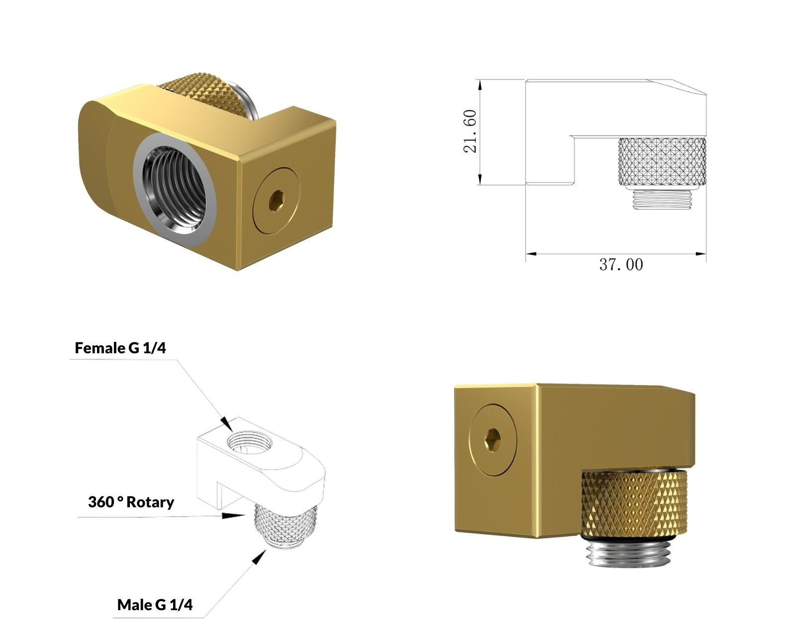 PrimoChill Male to Female G 1/4in. Supported Offset Rotary Fitting - Candy Gold