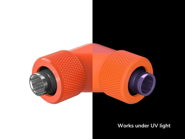 PrimoChill SecureFit SX - Premium 90 Degree Compression Fitting Set For 3/8in ID x 1/2in OD Flexible Tubing (F-SFSX1290) - Available in 20+ Colors, Custom Watercooling Loop Ready - UV Orange