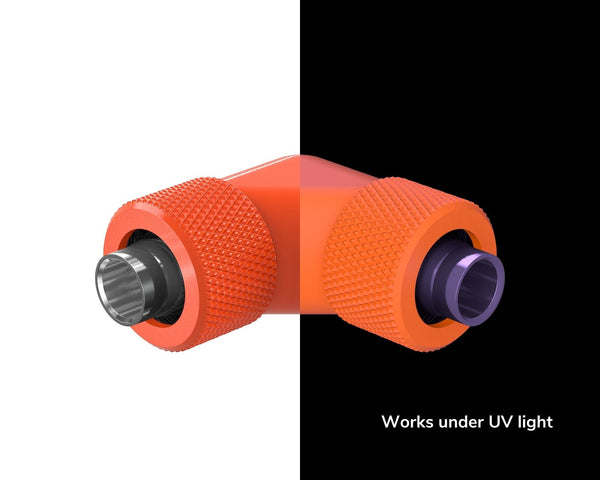 PrimoChill SecureFit SX - Premium 90 Degree Compression Fitting Set For 3/8in ID x 1/2in OD Flexible Tubing (F-SFSX1290) - Available in 20+ Colors, Custom Watercooling Loop Ready - PrimoChill - KEEPING IT COOL UV Orange
