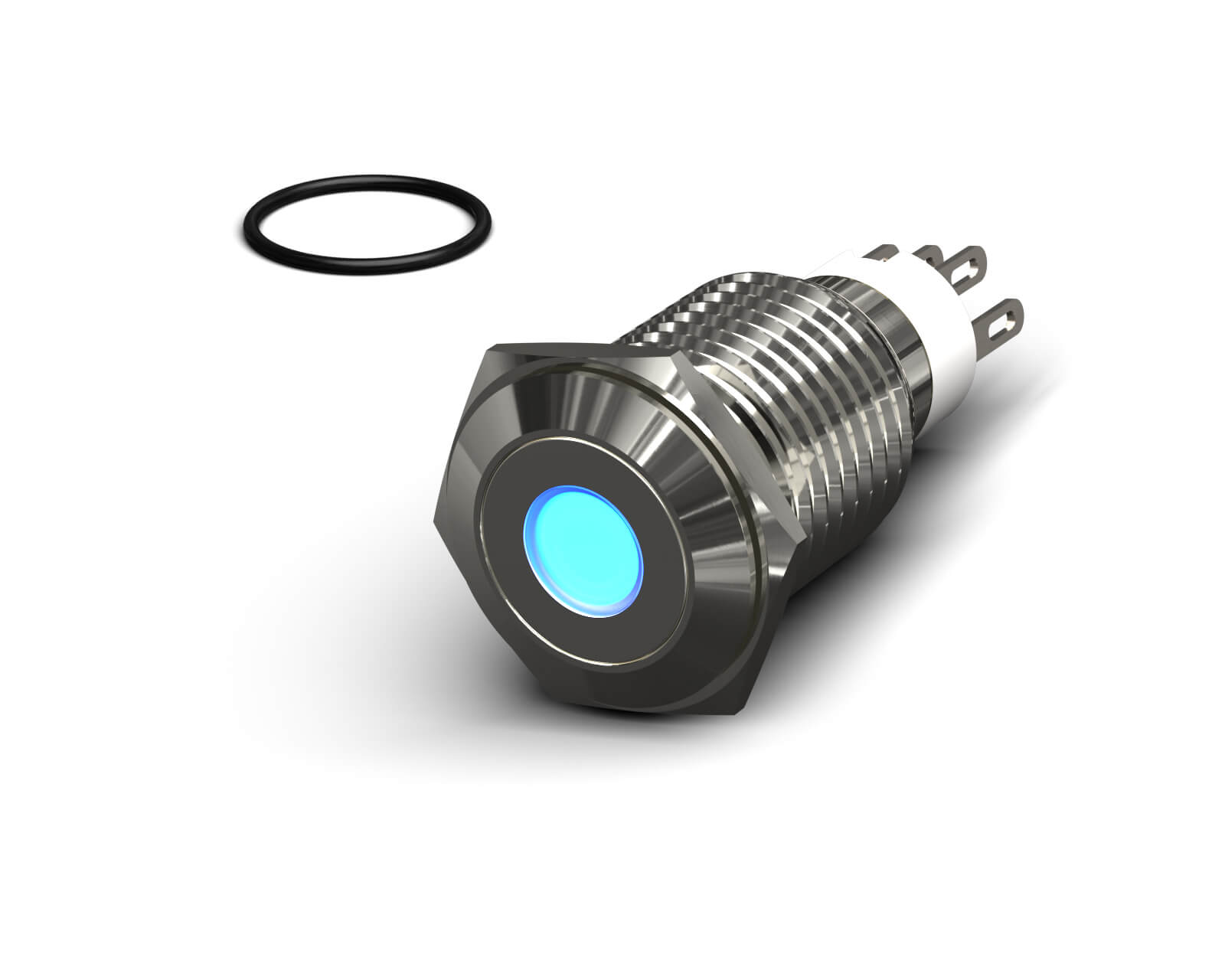 PrimoChill Silver Aluminum Momentary Vandal Switch - 16mm - Dot Illumination - Blue LED - Blue LED Dot