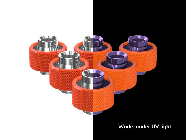 PrimoChill SecureFit SX - Premium Compression Fittings 6 Pack - For 1/2in ID x 3/4in OD Flexible Tubing (F-SFSX34-6) - Available in 20+ Colors, Custom Watercooling Loop Ready - UV Orange