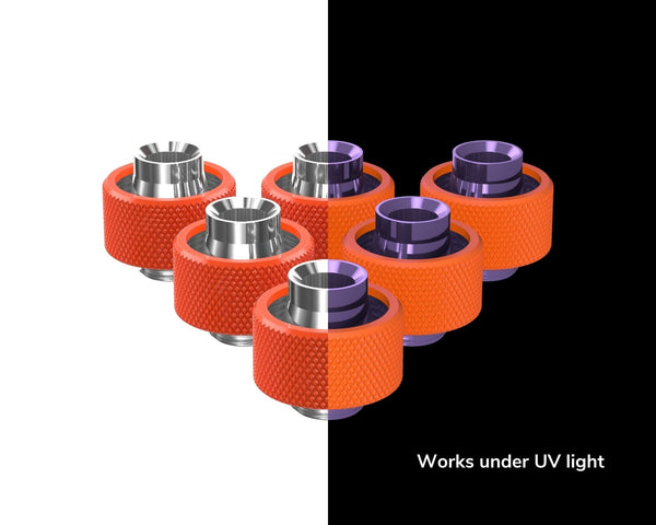 PrimoChill SecureFit SX - Premium Compression Fittings 6 Pack - For 1/2in ID x 3/4in OD Flexible Tubing (F-SFSX34-6) - Available in 20+ Colors, Custom Watercooling Loop Ready - UV Orange
