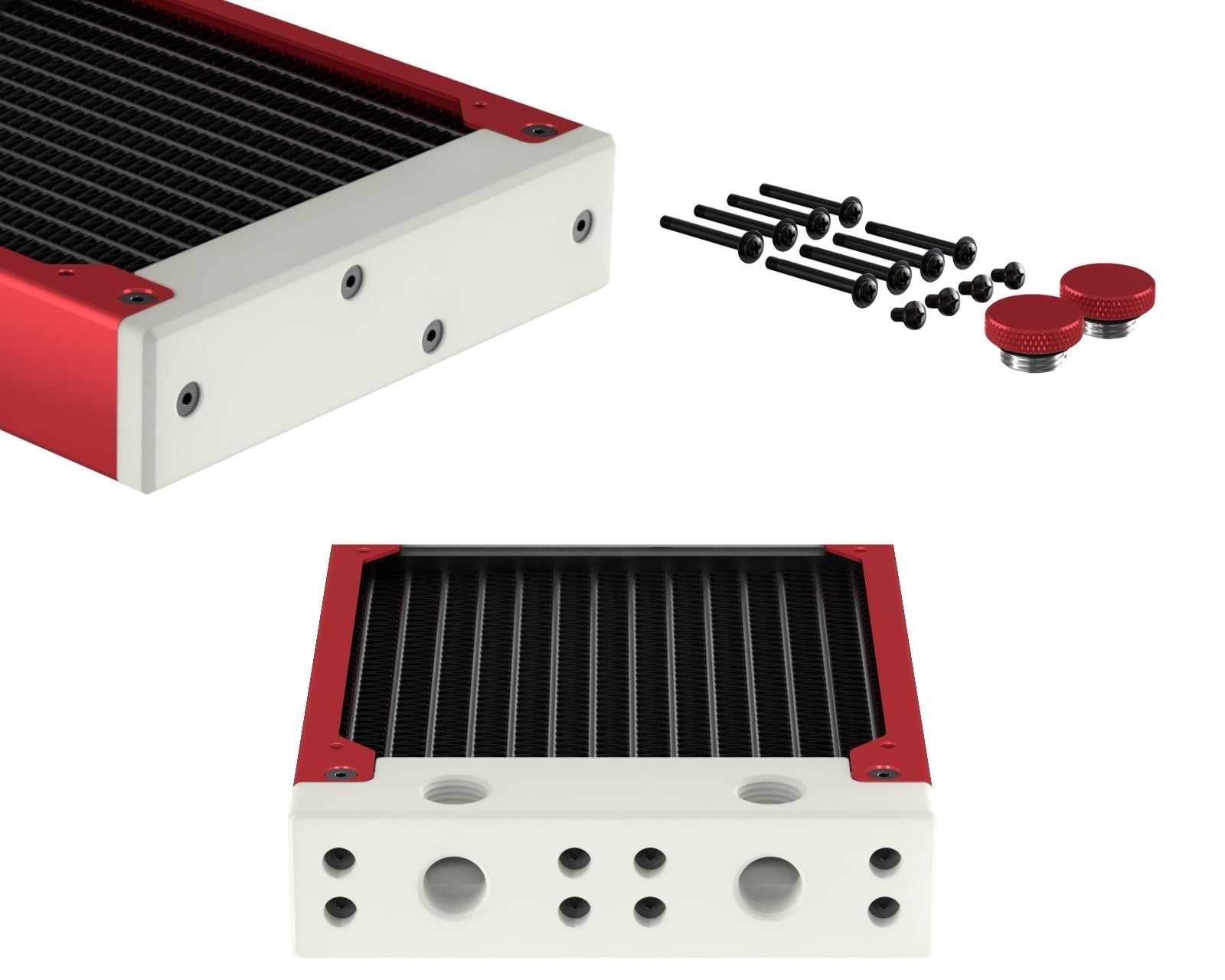 PrimoChill 240SL (30mm) EXIMO Modular Radiator, White POM, 2x120mm, Dual Fan (R-SL-W24) Available in 20+ Colors, Assembled in USA and Custom Watercooling Loop Ready - Candy Red