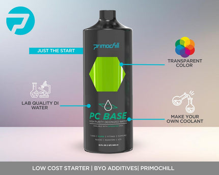 PrimoChill Base - Computer WaterCooling High Purity Deionized Water, No Protection, Add your Additives/Inhibitors, Proudly Made in The USA (32oz/.9L) - Transparent - UV Brite Green