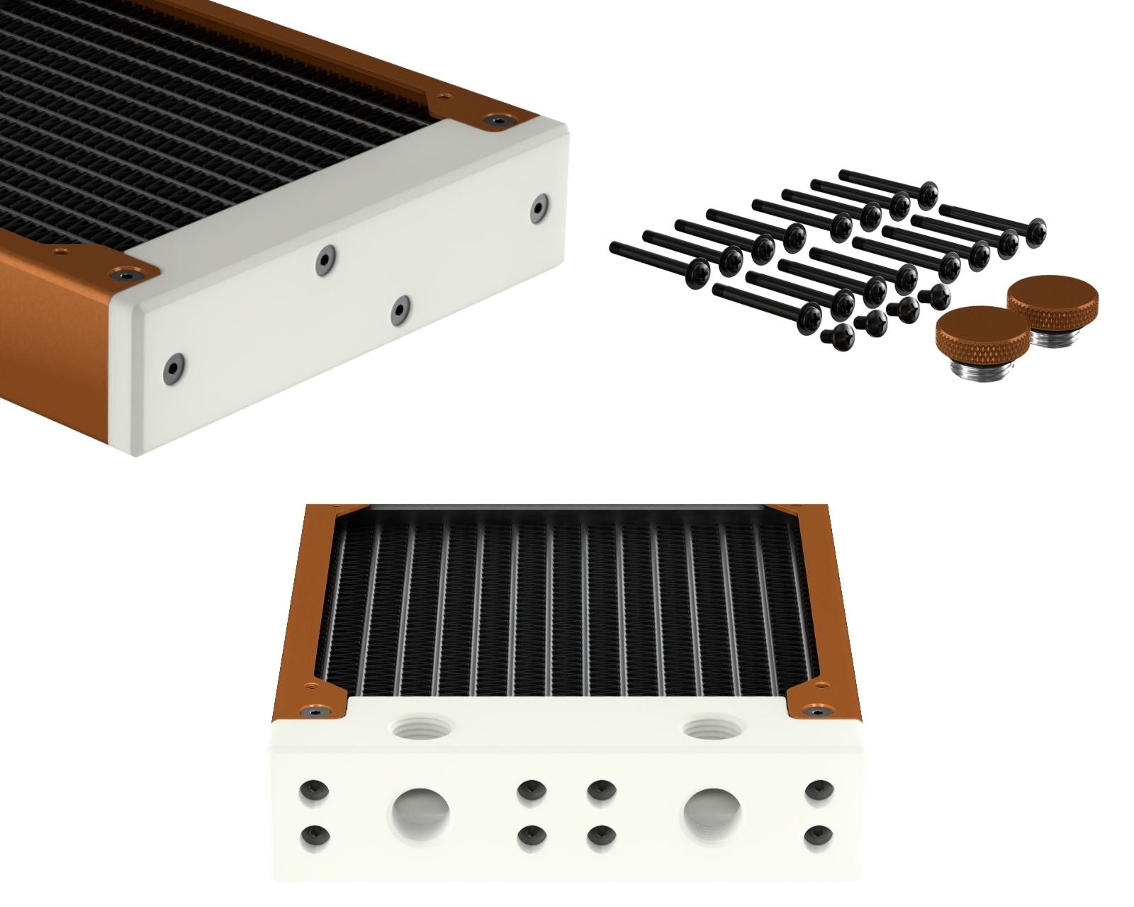 PrimoChill 480SL (30mm) EXIMO Modular Radiator, White POM, 4x120mm, Quad Fan (R-SL-W48) Available in 20+ Colors, Assembled in USA and Custom Watercooling Loop Ready - Copper