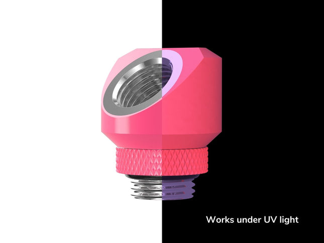 PrimoChill InterConnectSX Flat 45 Degree Rotary Fitting (FAF45) – Enhanced PC Cooling with Sleek Aesthetics - Available in 20+ Colors, Custom Watercooling Loop Ready - UV Pink