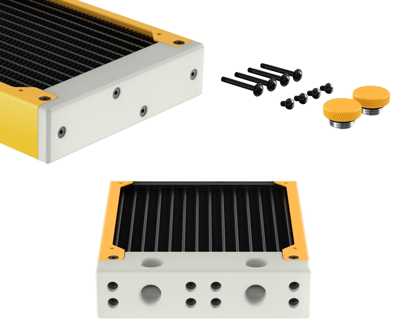 PrimoChill 120SL (30mm) EXIMO Modular Radiator, White POM, 1x120mm, Single Fan (R-SL-W12) Available in 20+ Colors, Assembled in USA and Custom Watercooling Loop Ready - Yellow