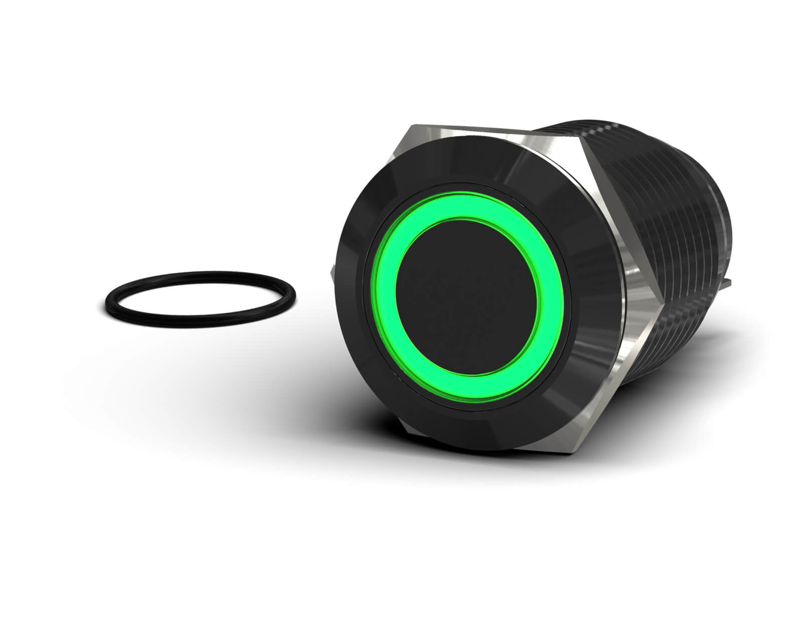 PrimoChill Black Aluminum Latching Vandal Resistant Switch - 22mm - PrimoChill - KEEPING IT COOL Green LED Ring