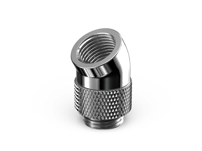 PrimoChill Male to Female G 1/4in. 30 Degree SX Rotary Elbow Fitting - PrimoChill - KEEPING IT COOL Silver Nickel