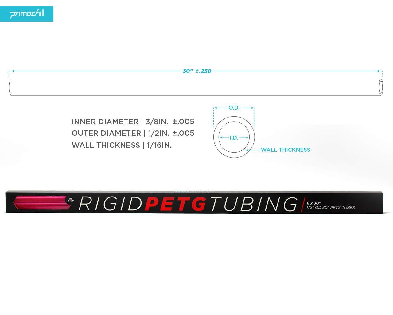 PrimoChill 1/2in. OD Rigid PETG Tube – 6 x 30in. – UV Pink - PrimoChill - KEEPING IT COOL