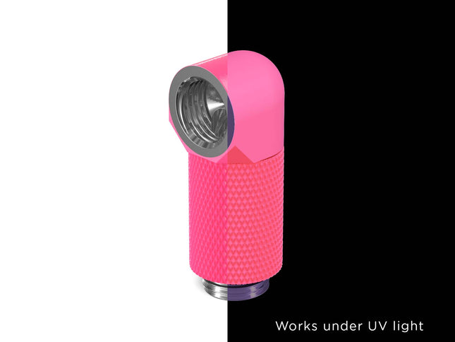 PrimoChill Male to Female G 1/4in. 90 Degree SX Rotary 25mm Extension Elbow Fitting - PrimoChill - KEEPING IT COOL UV Pink