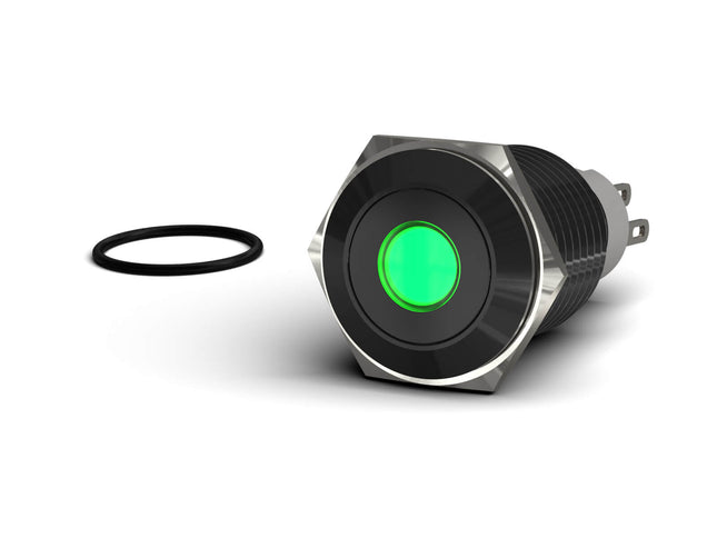 PrimoChill Black Aluminum Momentary Vandal Resistant Switch - 16mm - PrimoChill - KEEPING IT COOL Green LED Dot