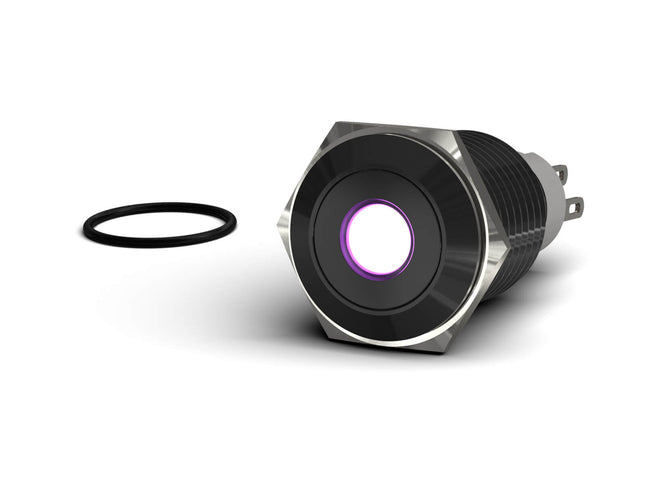 PrimoChill Black Aluminum Latching Vandal Resistant Switch - 16mm - PrimoChill - KEEPING IT COOL Purple LED Dot