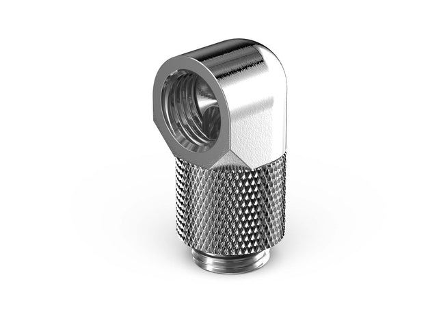 PrimoChill Male to Female G 1/4in. 90 Degree SX Rotary 15mm Extension Elbow Fitting - PrimoChill - KEEPING IT COOL Silver Nickel