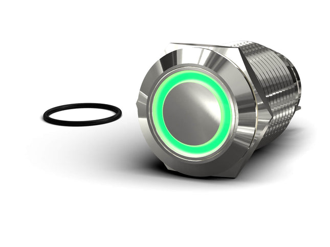 PrimoChill Silver Aluminum Momentary Vandal Resistant Switch - 22mm - PrimoChill - KEEPING IT COOL Green LED Ring