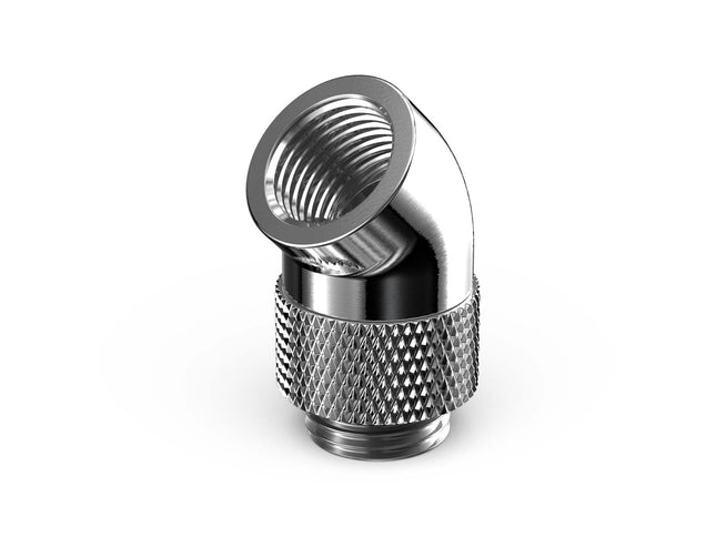 PrimoChill Male to Female G 1/4in. 45 Degree SX Rotary Elbow Fitting - PrimoChill - KEEPING IT COOL Silver Nickel