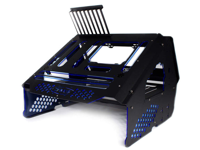 PrimoChill's Praxis Wetbench Powdercoated Steel Modular Open Air Computer Test Bench for Watercooling or Air Cooled Components - PrimoChill - KEEPING IT COOL Black w/UV Blue Accents