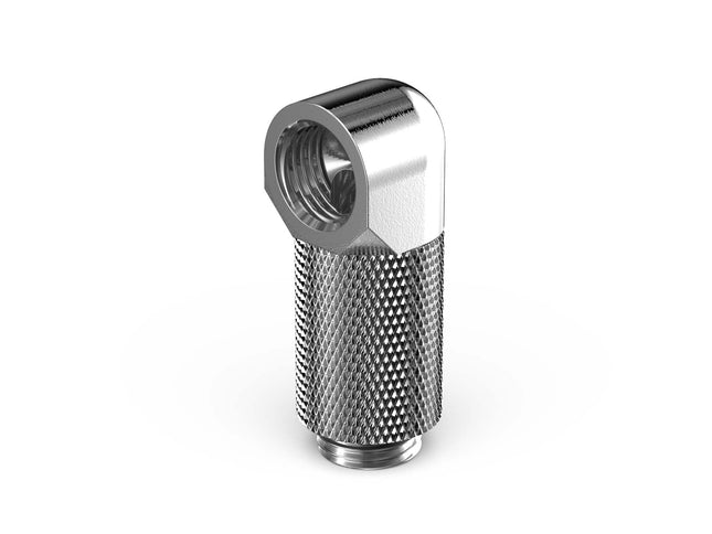 PrimoChill Male to Female G 1/4in. 90 Degree SX Rotary 25mm Extension Elbow Fitting - PrimoChill - KEEPING IT COOL Silver Nickel