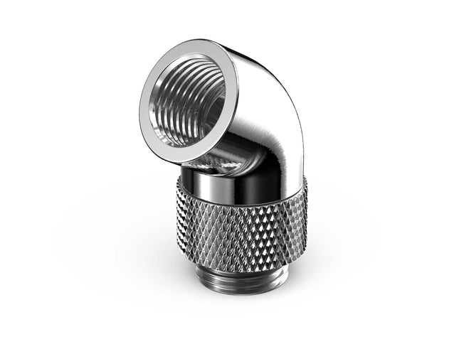 PrimoChill Male to Female G 1/4in. 60 Degree SX Rotary Elbow Fitting - PrimoChill - KEEPING IT COOL Silver Nickel