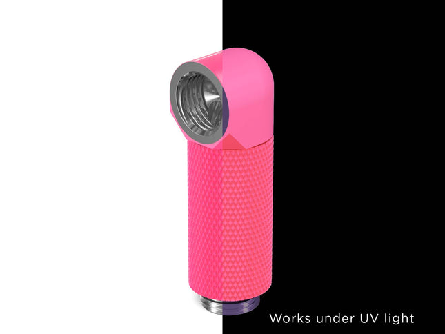 PrimoChill Male to Female G 1/4in. 90 Degree SX Rotary 35mm Extension Elbow Fitting - PrimoChill - KEEPING IT COOL UV Pink