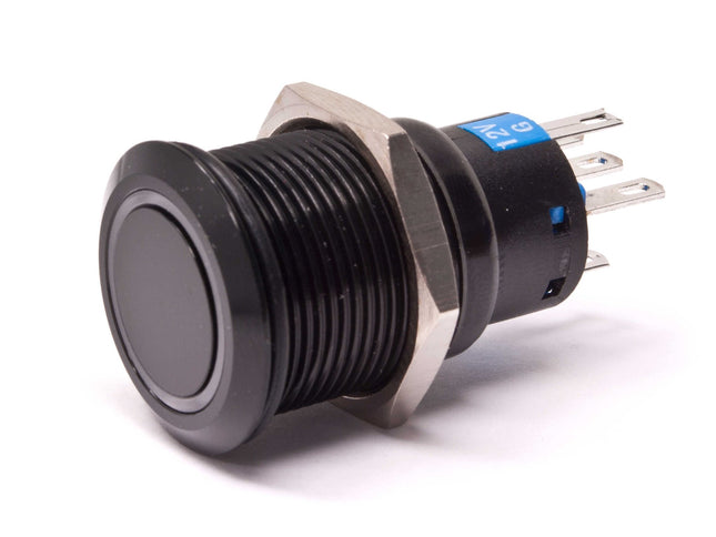OEM/BULK Blue Illuminated Bulgin Style Momentary Vandal Switch - 22mm -Black Housing - Ring Illumination