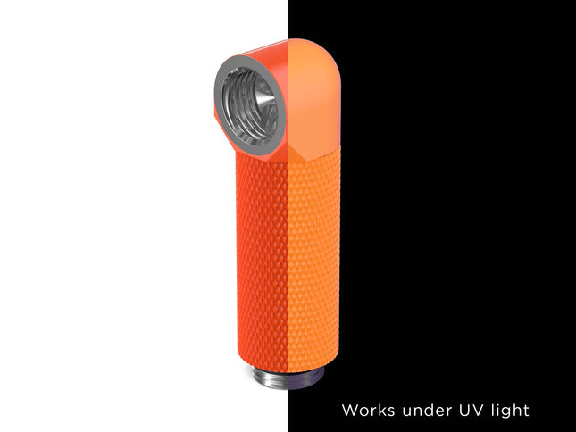 PrimoChill Male to Female G 1/4in. 90 Degree SX Rotary 40mm Extension Elbow Fitting - PrimoChill - KEEPING IT COOL UV Orange