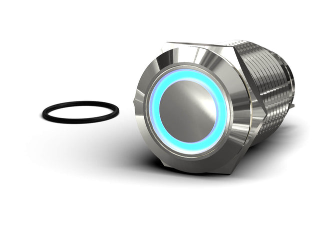 PrimoChill Silver Aluminum Latching Vandal Resistant Switch - 22mm - PrimoChill - KEEPING IT COOL Blue LED Ring