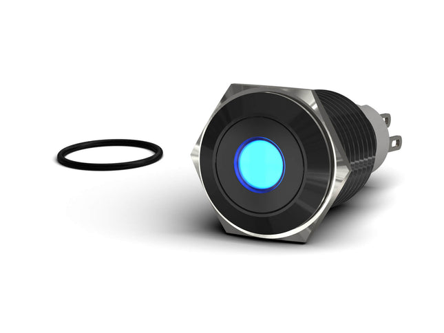 PrimoChill Black Aluminum Momentary Vandal Resistant Switch - 16mm - PrimoChill - KEEPING IT COOL Blue LED Dot