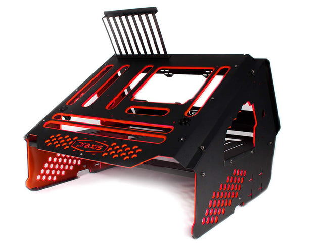 PrimoChill's Praxis Wetbench Powdercoated Steel Modular Open Air Computer Test Bench for Watercooling or Air Cooled Components - PrimoChill - KEEPING IT COOL Black w/UV Red/Pink Accents