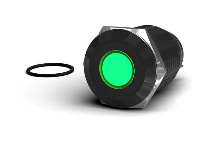 PrimoChill Black Aluminum Momentary Vandal Resistant Switch - 22mm - PrimoChill - KEEPING IT COOL Green LED Dot