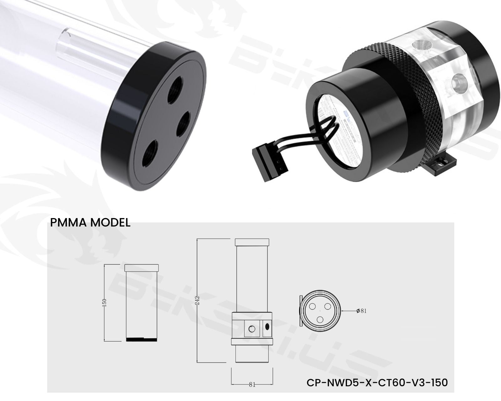 Bykski Complete D5 Pump / 150mm PMMA Reservoir Combo, Armored Black - with integrated 5V Addressable RGB (CP-NWD5-X-CT60-V3)
