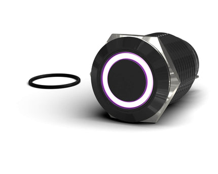 PrimoChill Black Aluminum Latching Vandal Resistant Switch - 22mm - PrimoChill - KEEPING IT COOL Purple LED Ring