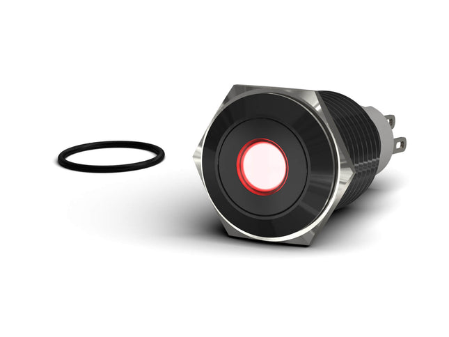 PrimoChill Black Aluminum Latching Vandal Resistant Switch - 16mm - PrimoChill - KEEPING IT COOL Red LED Dot