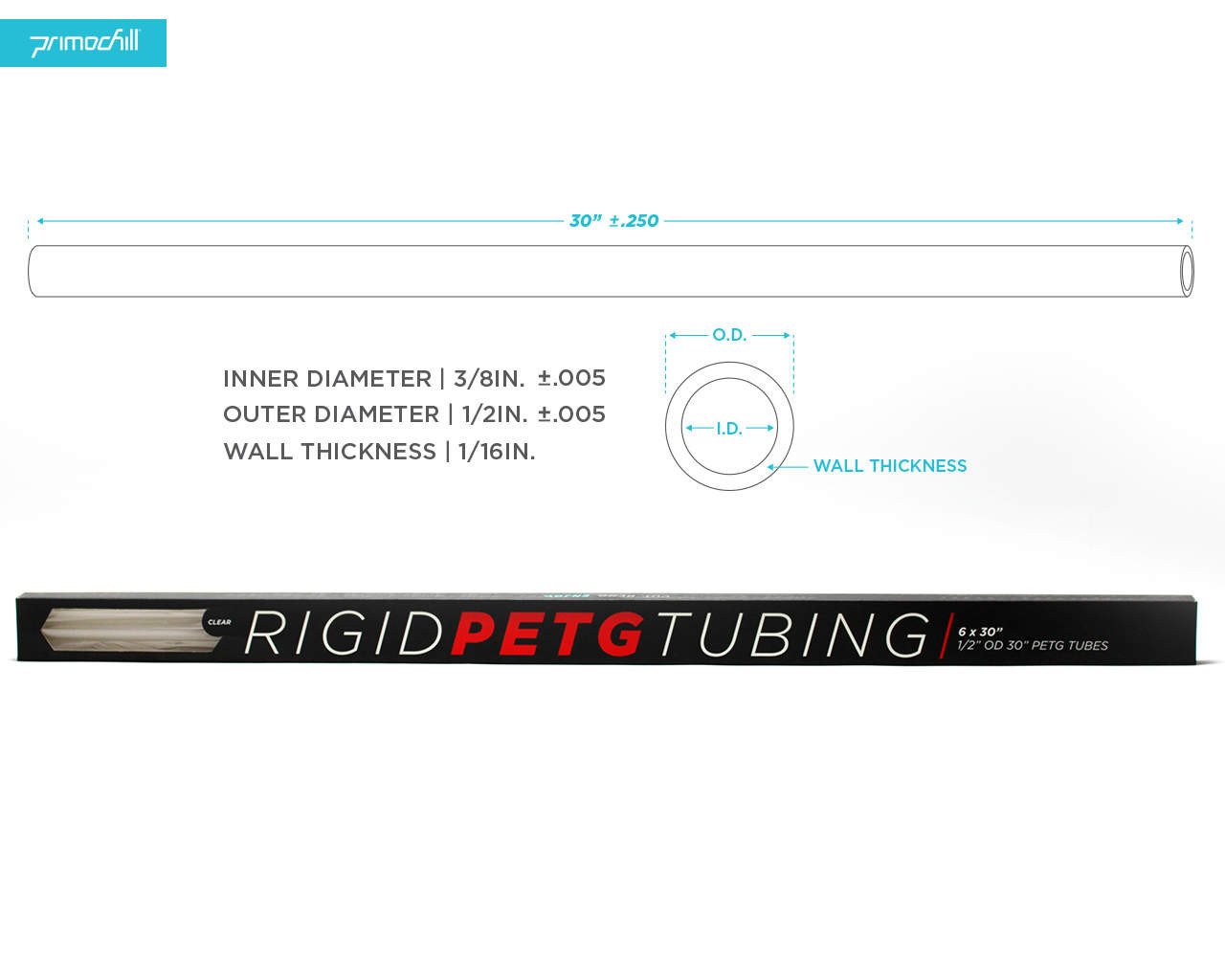 PrimoChill 1/2in. OD Rigid PETG Tube - 6 x 30in. - Clear